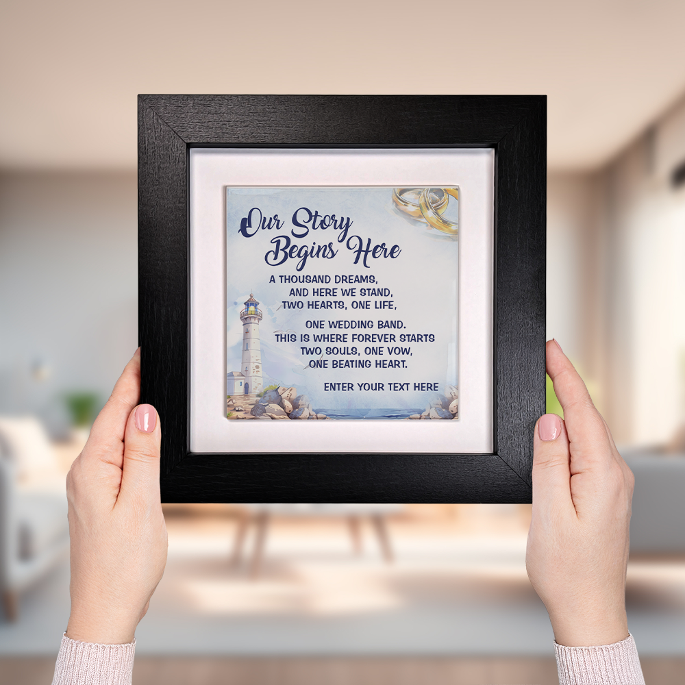 Our Story Begins Here – Personalised Square Framed Ceramic Tile