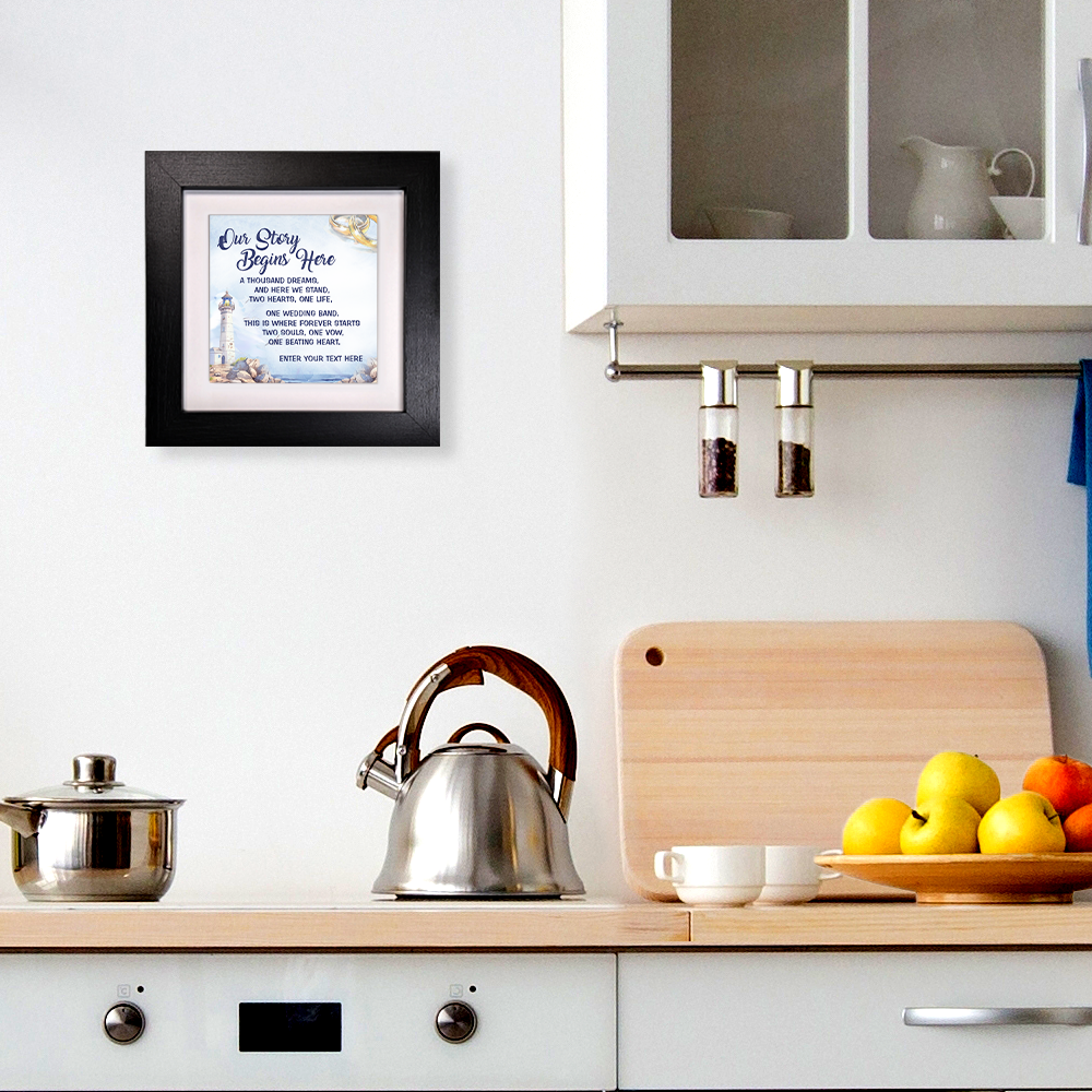Our Story Begins Here – Personalised Square Framed Ceramic Tile