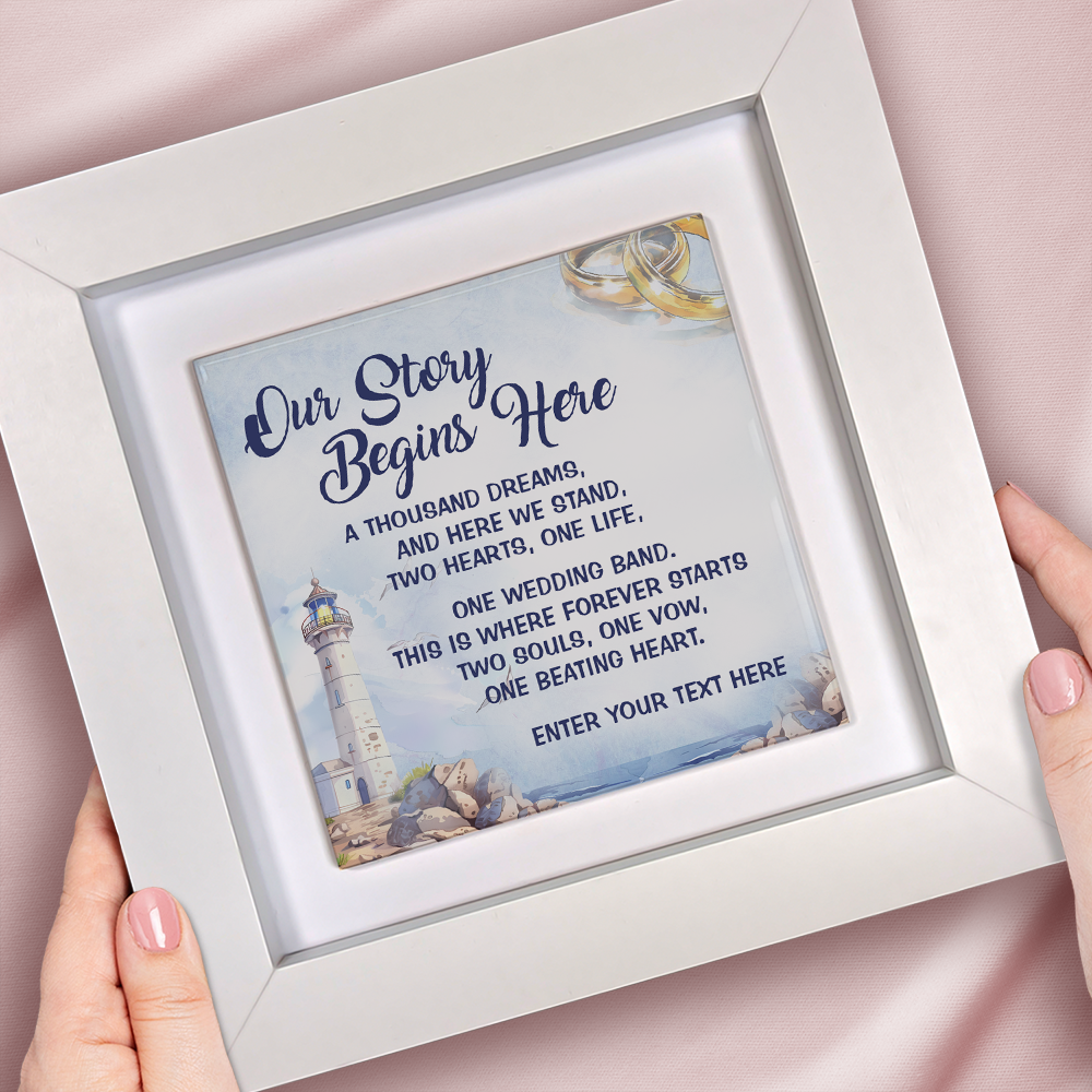 Our Story Begins Here – Personalised Square Framed Ceramic Tile