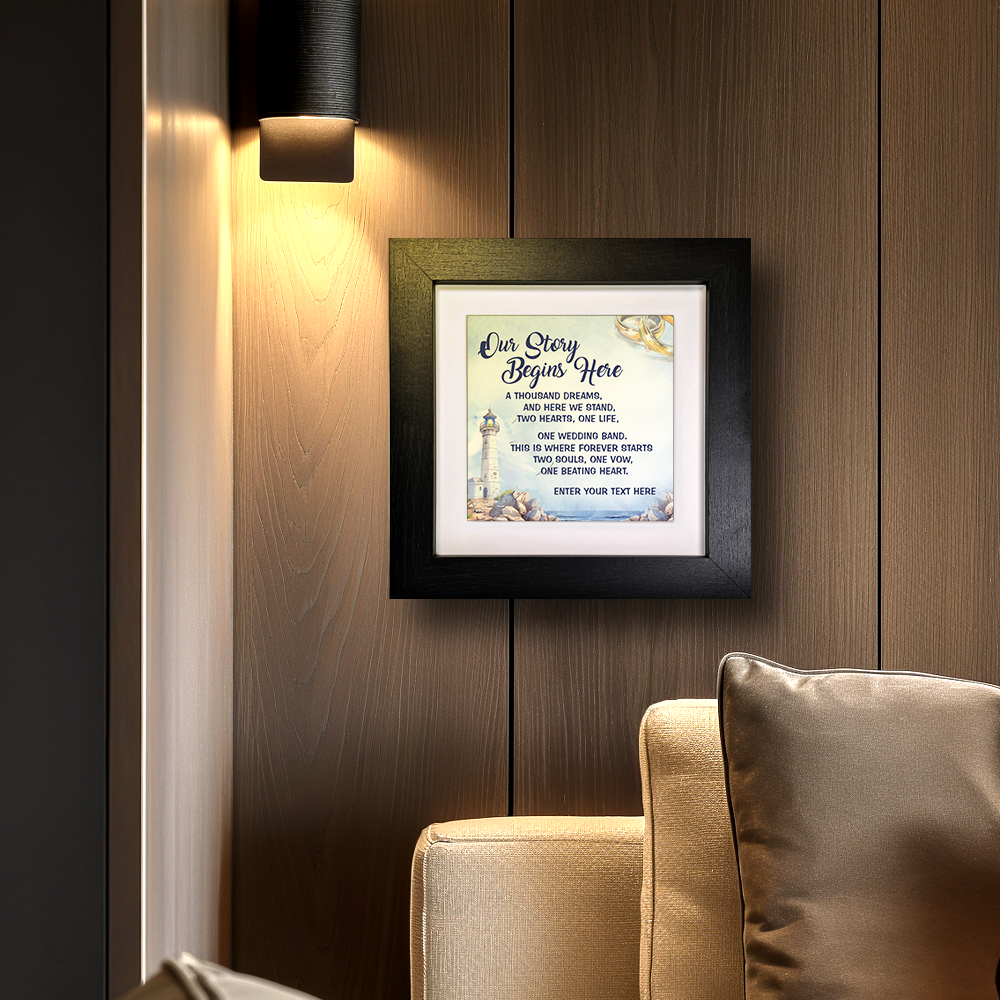 Our Story Begins Here – Personalised Square Framed Ceramic Tile