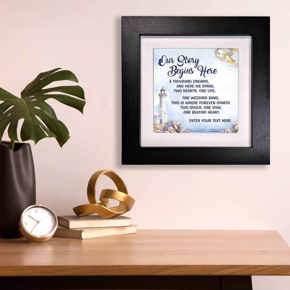 Our Story Begins Here – Personalised Square Framed Ceramic Tile