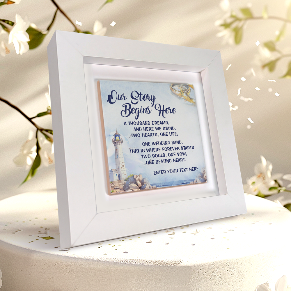 Our Story Begins Here – Personalised Square Framed Ceramic Tile