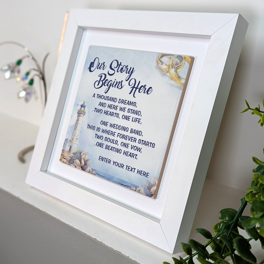 Our Story Begins Here – Personalised Square Framed Ceramic Tile