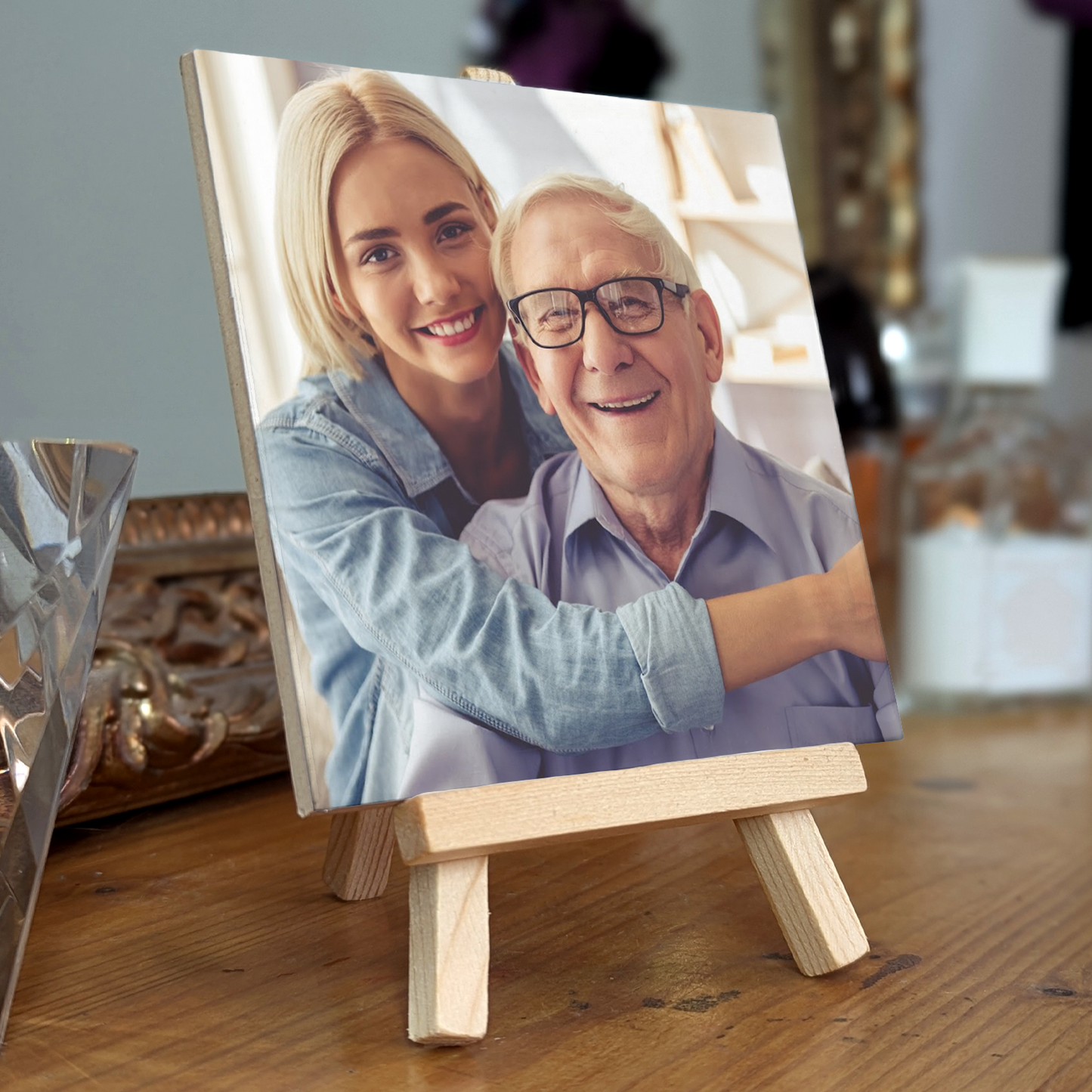 Family Portrait For Dad & Daughter – Personalised Ceramic Tile with Easel