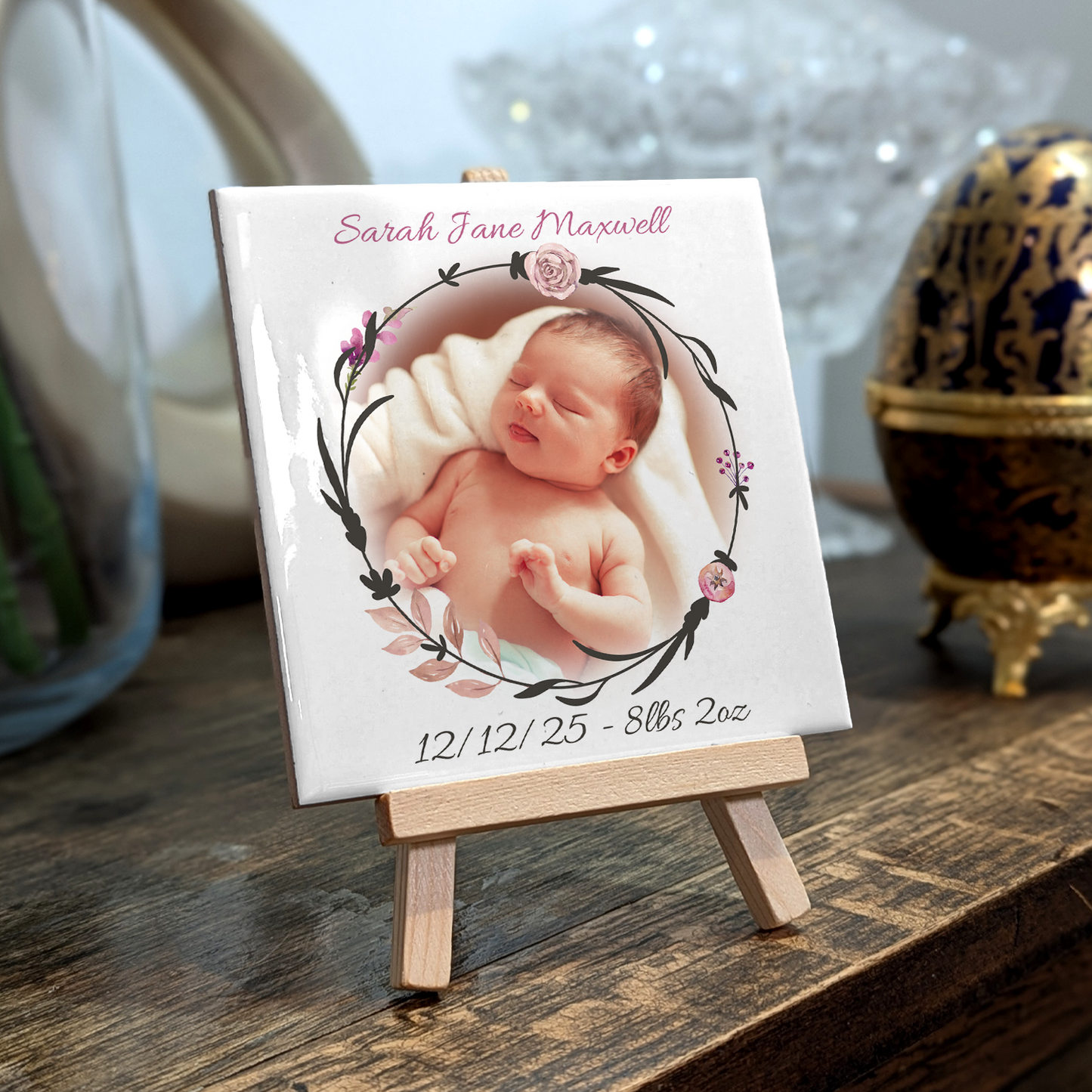 New Baby Gift For Girl – Personalised Ceramic Tile with Easel