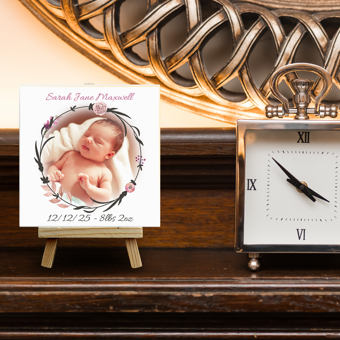 New Baby Gift For Girl – Personalised Ceramic Tile with Easel