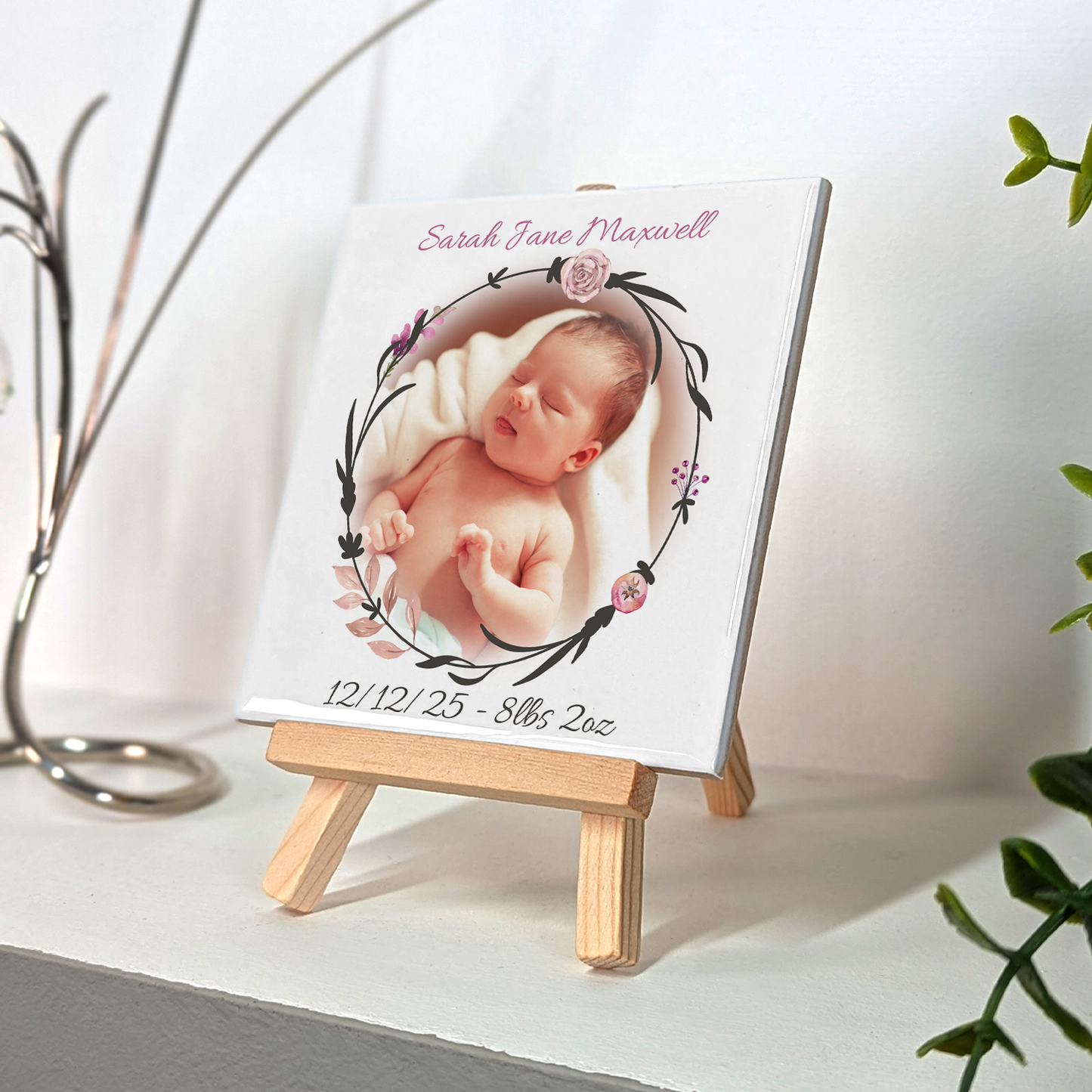 New Baby Gift For Girl – Personalised Ceramic Tile with Easel