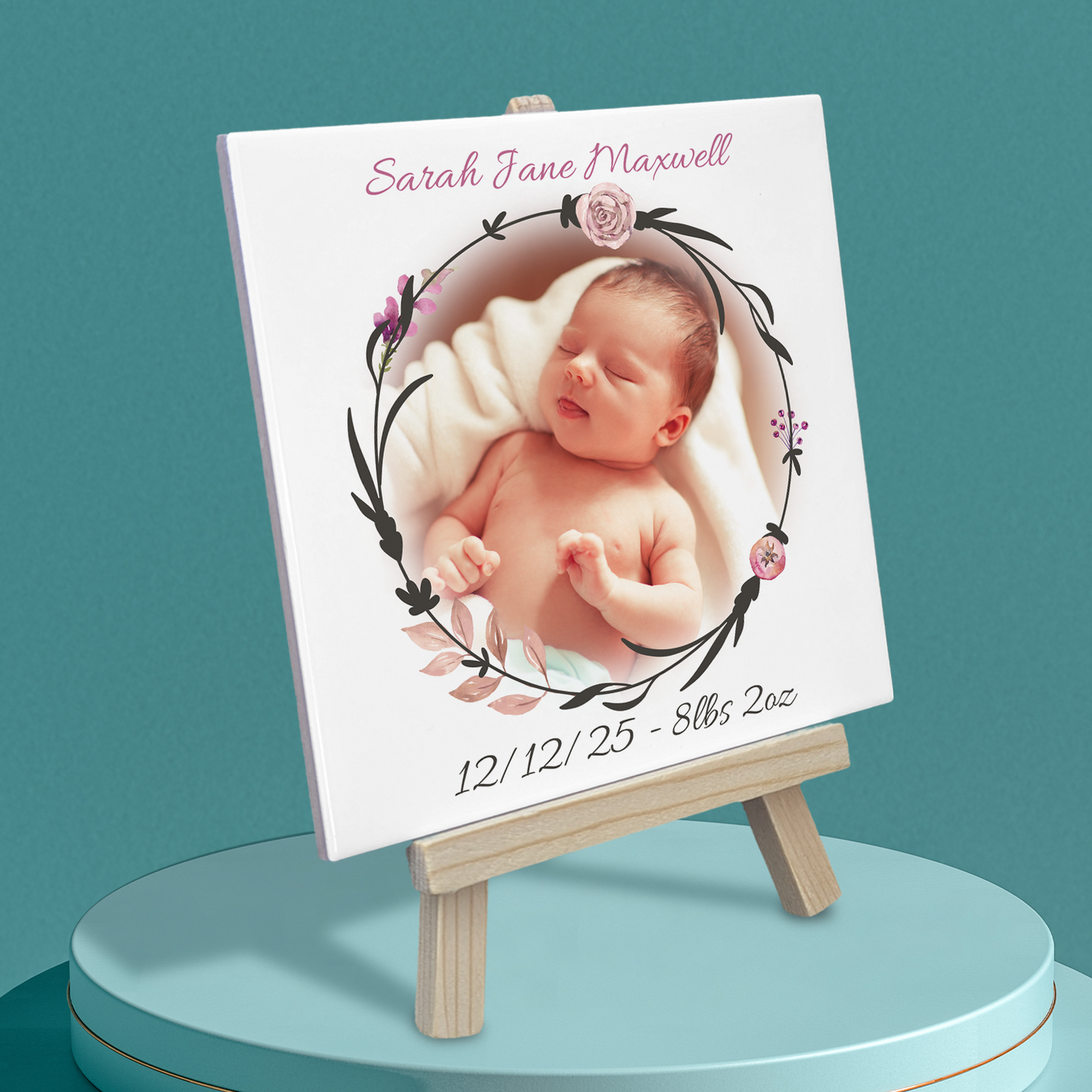 New Baby Gift For Girl – Personalised Ceramic Tile with Easel