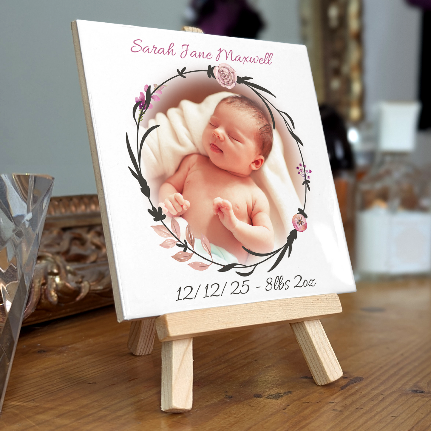 New Baby Gift For Girl – Personalised Ceramic Tile with Easel