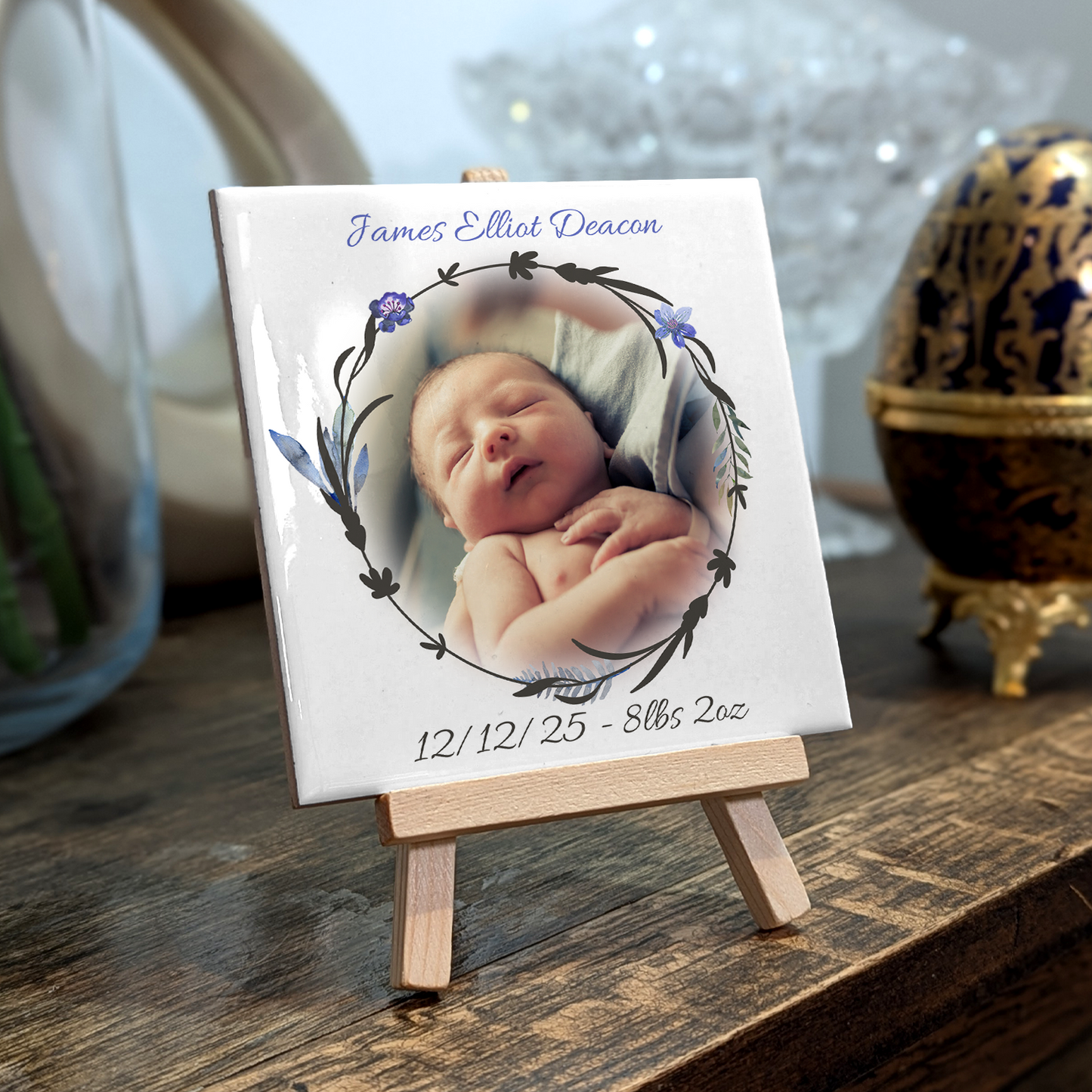 New Baby Gift For Boy – Personalised Ceramic Tile with Easel