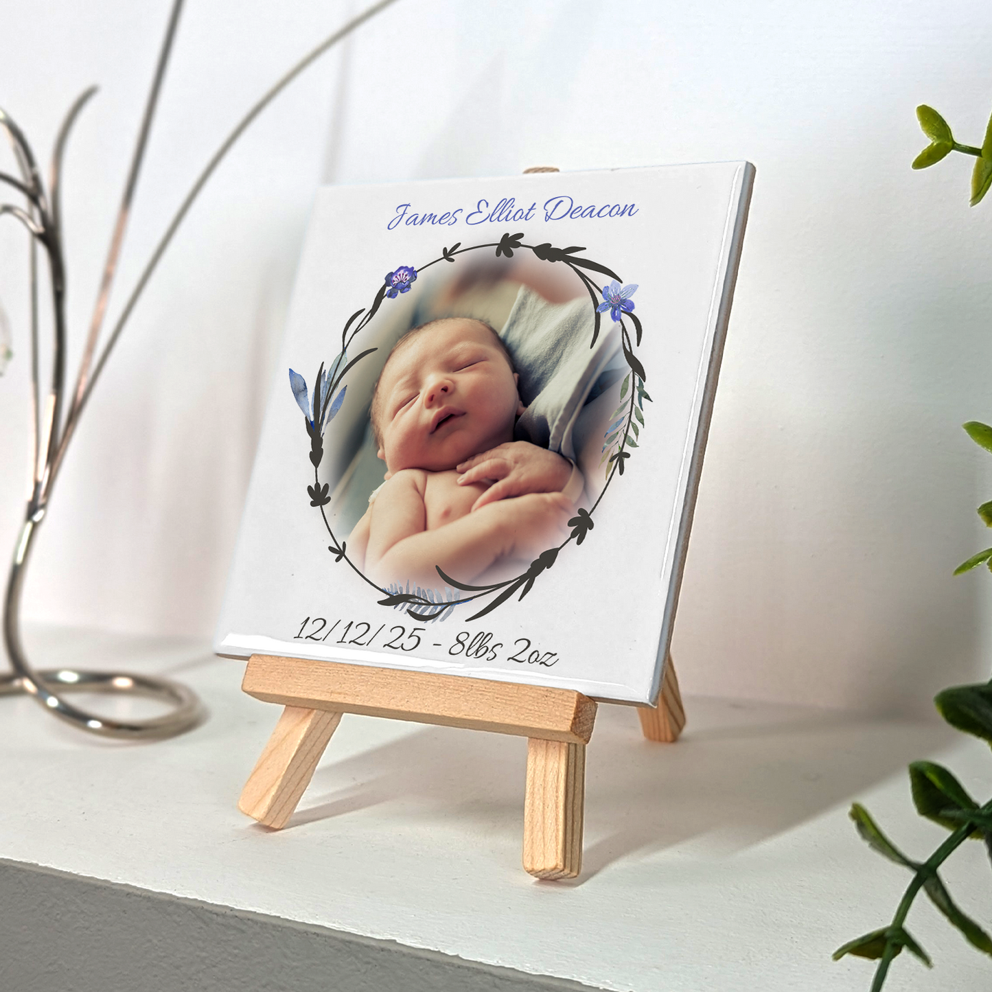 New Baby Gift For Boy – Personalised Ceramic Tile with Easel