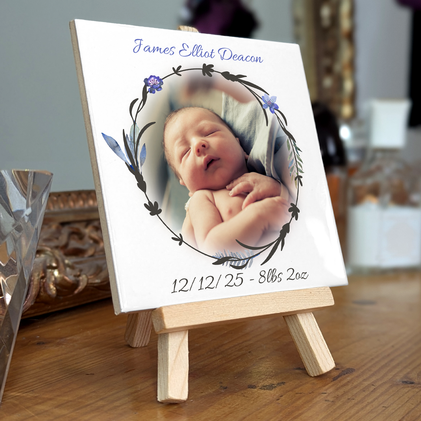 New Baby Gift For Boy – Personalised Ceramic Tile with Easel