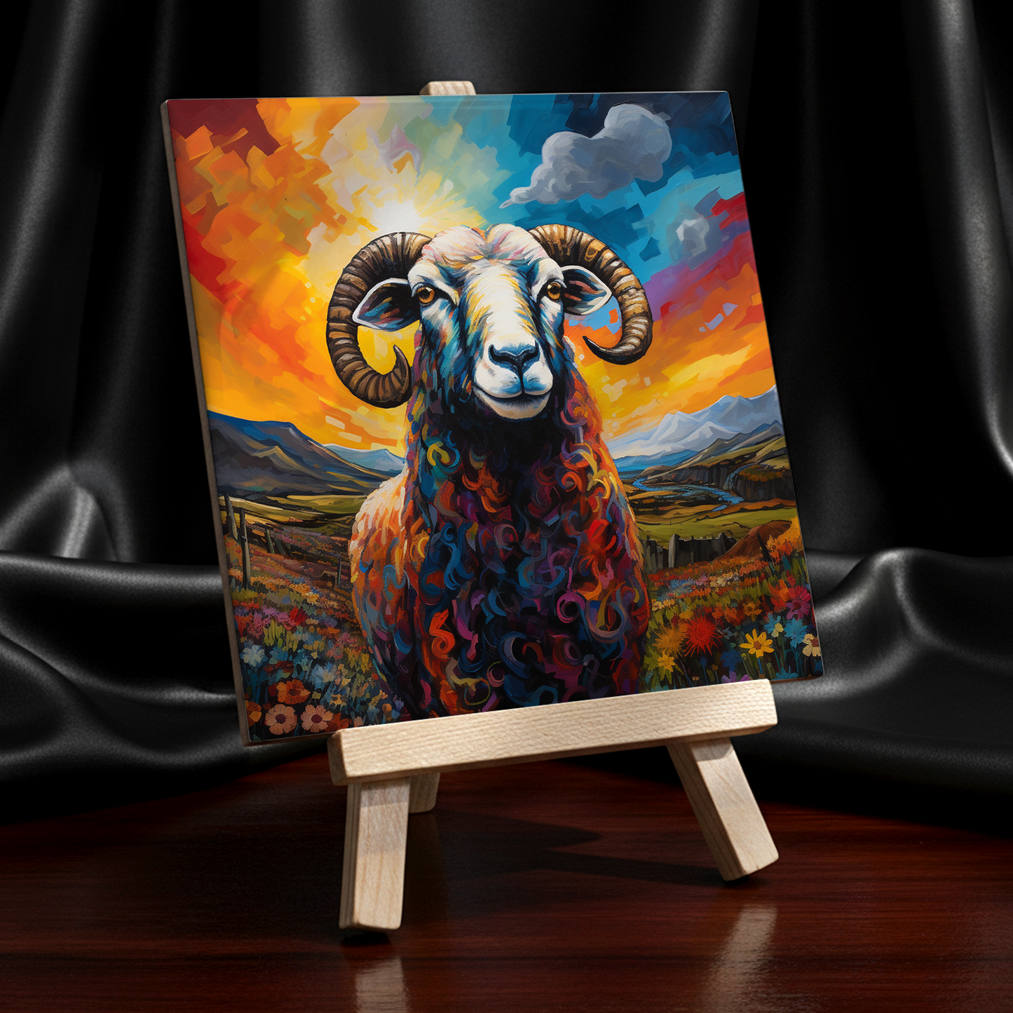 Long Horned Sheep Ceramic Art Tile with Easel
