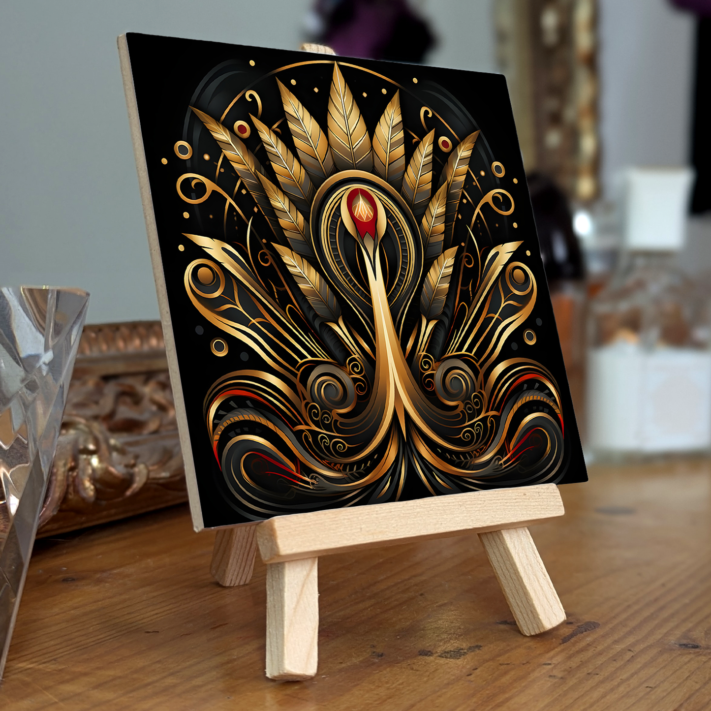 Golden Plume Ceramic Art Tile with Easel