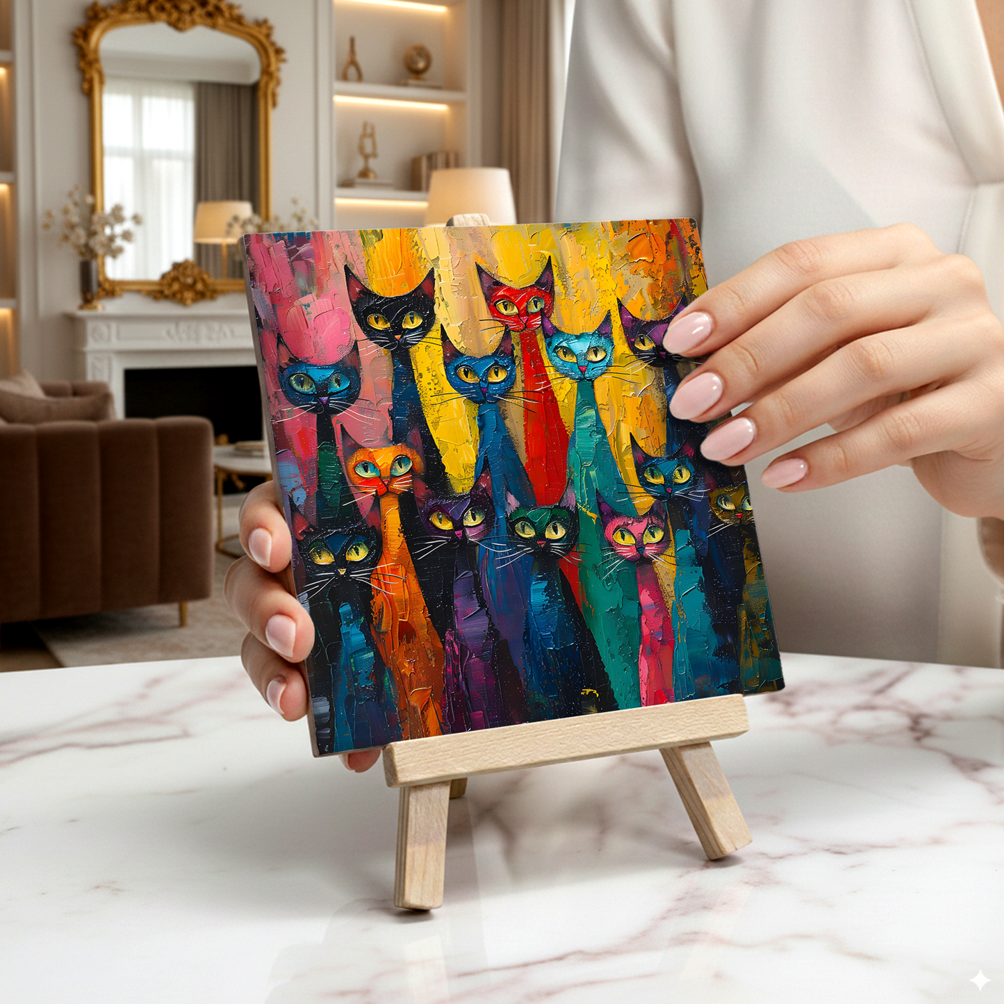 Council Of Whiskers Ceramic Art Tile with Easel