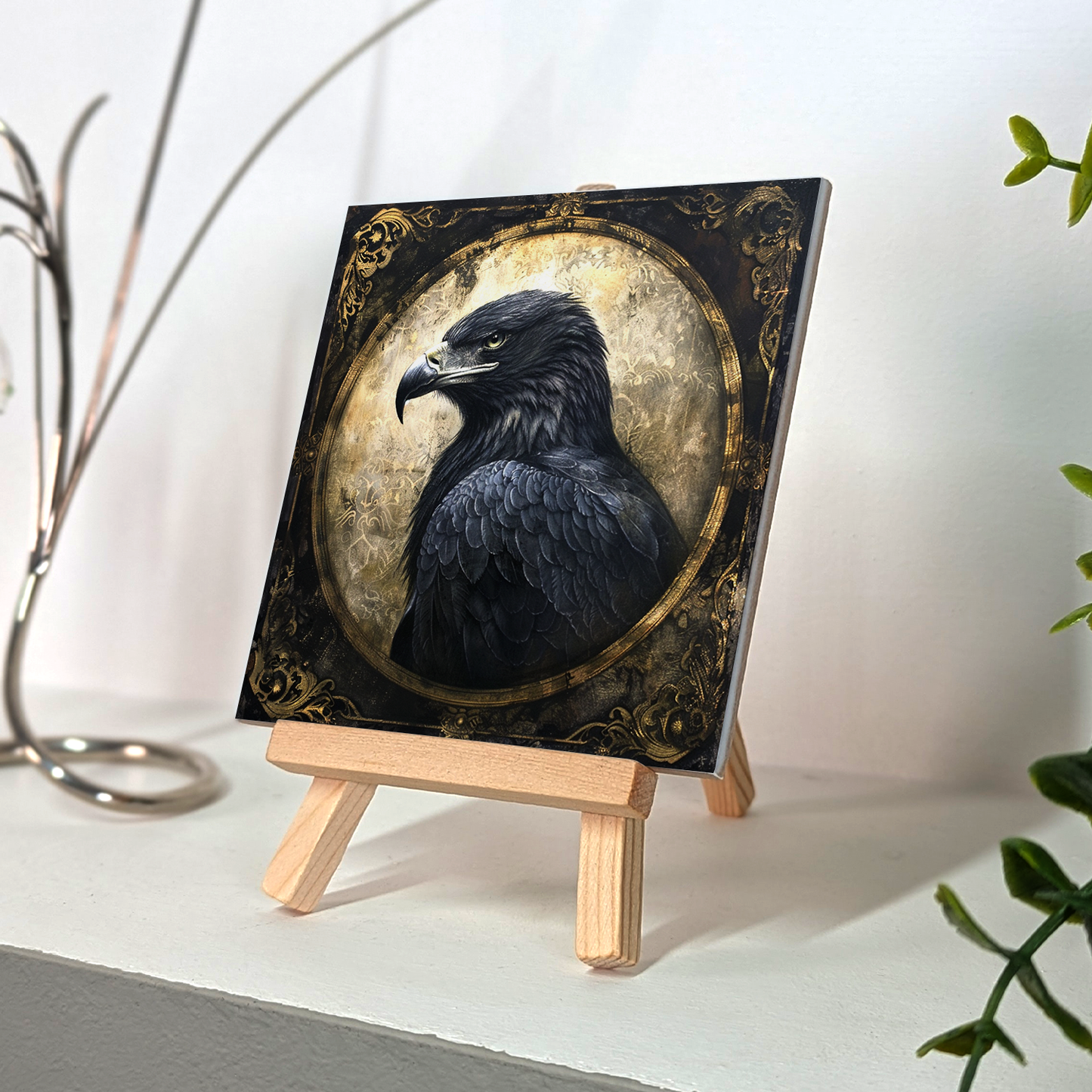 The Black Eagle Baroque Style Illustrated Art Tile With Easel