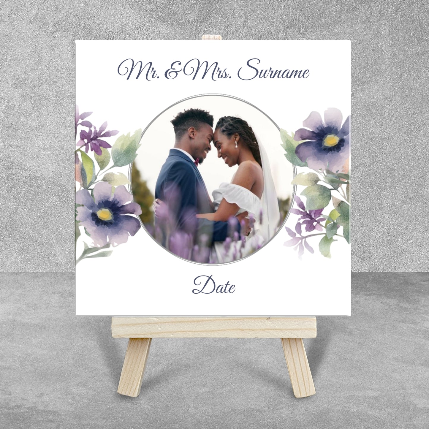 Purple Poppies Floral Wedding Celebrations – Personalised Tile with Easel