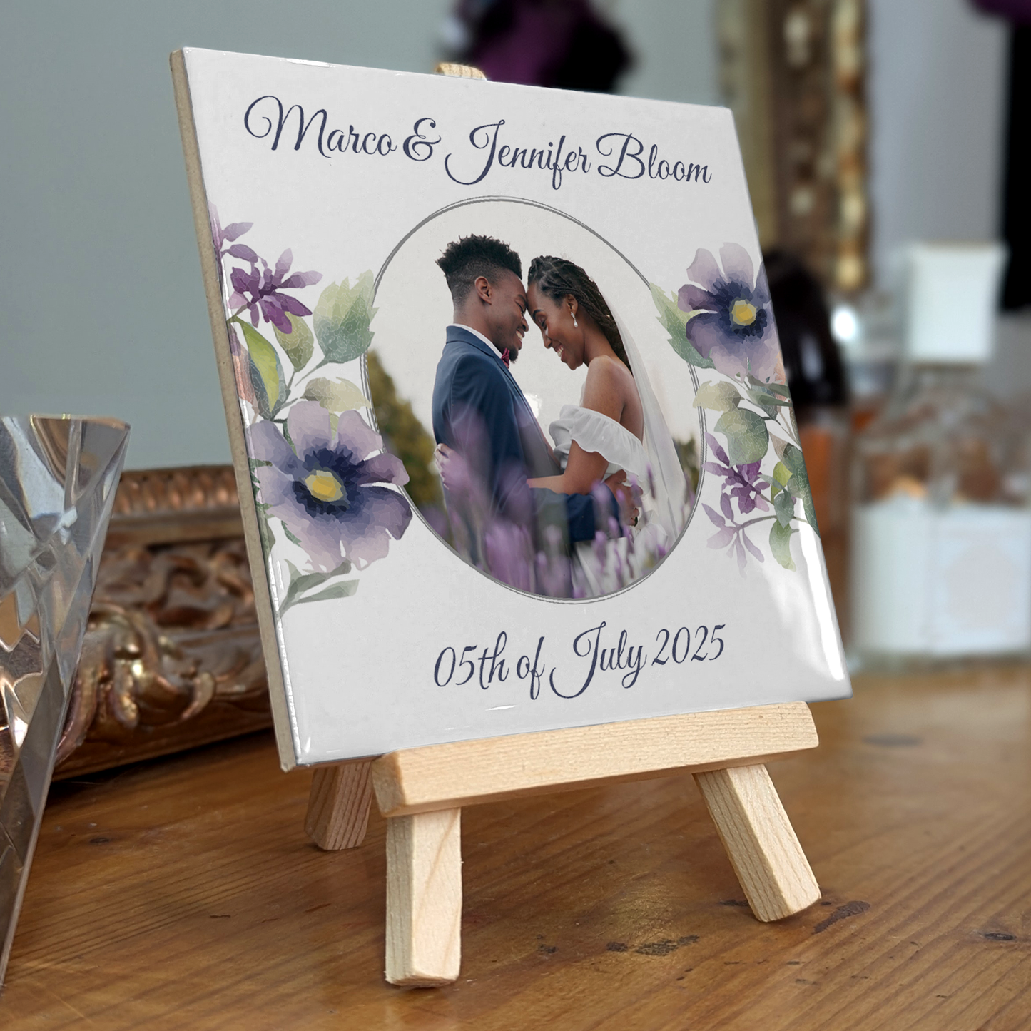 Purple Poppies Floral Wedding Celebrations – Personalised Tile with Easel
