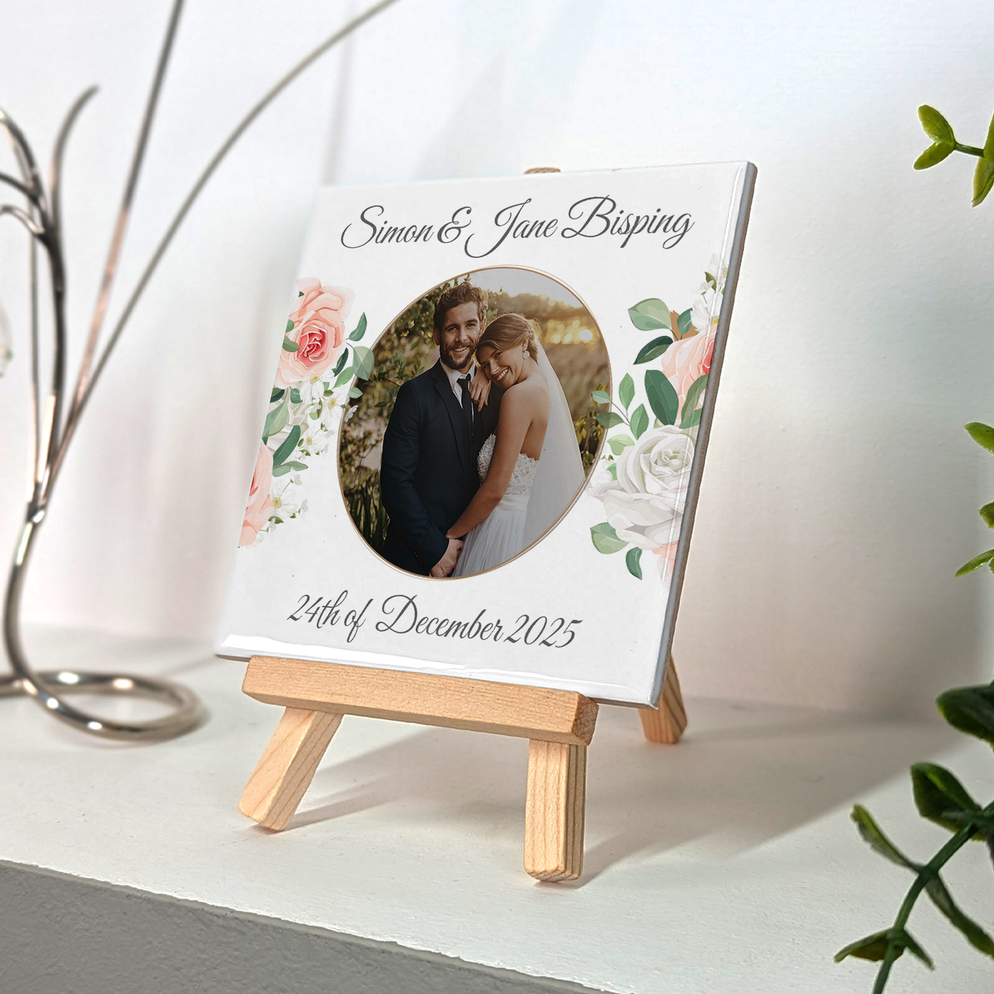 White & Peach Rose Floral Wedding Celebrations – Personalised Tile with Easel