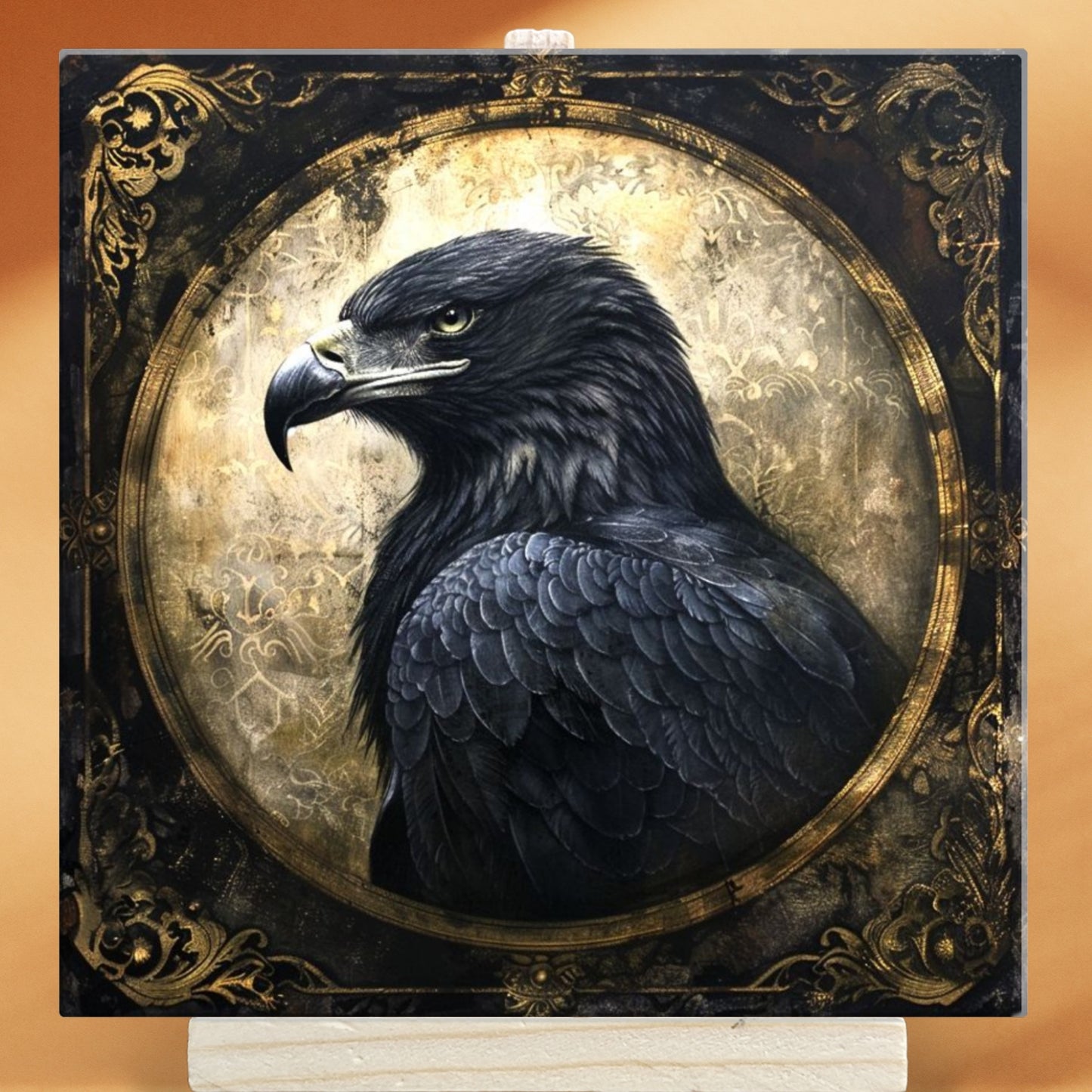 The Black Eagle Baroque Style Illustrated Art Tile With Easel