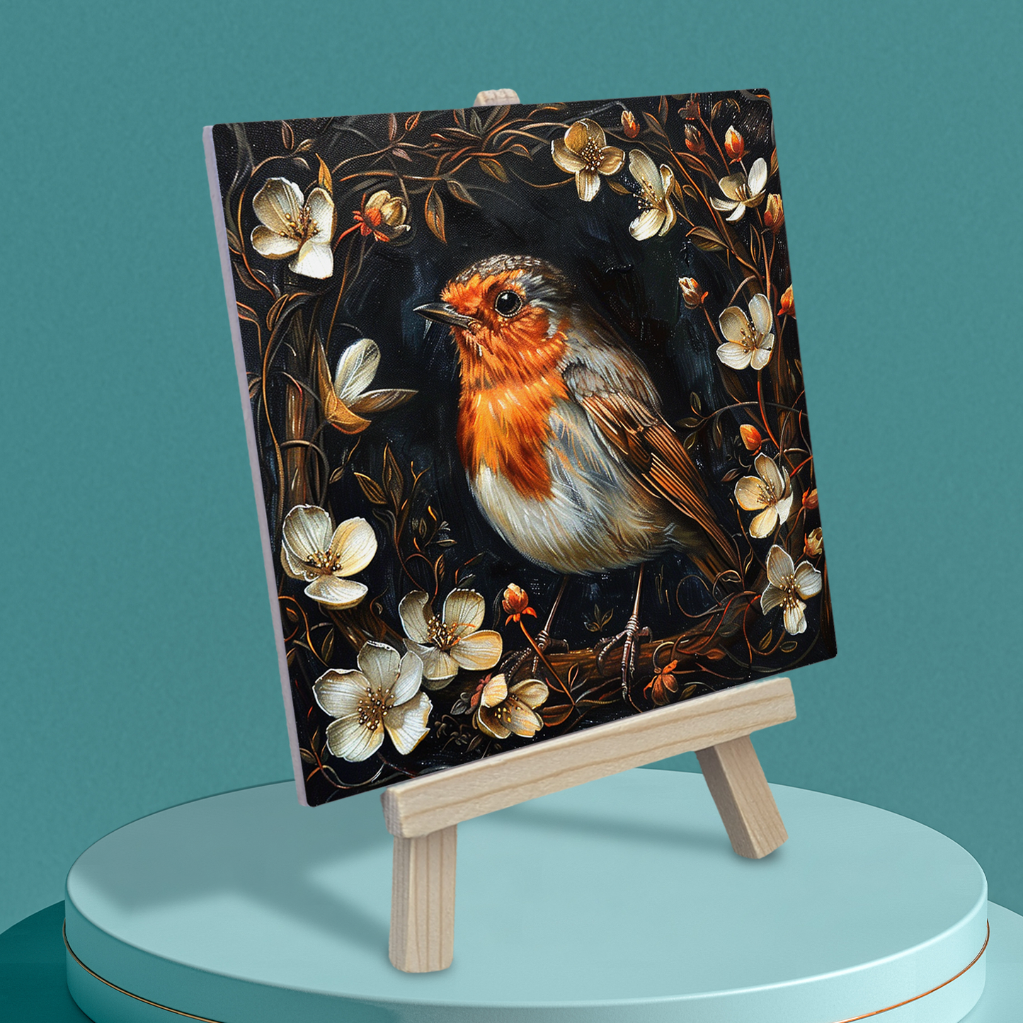 The Robin Baroque Style Illustrated Art Tile With Easel