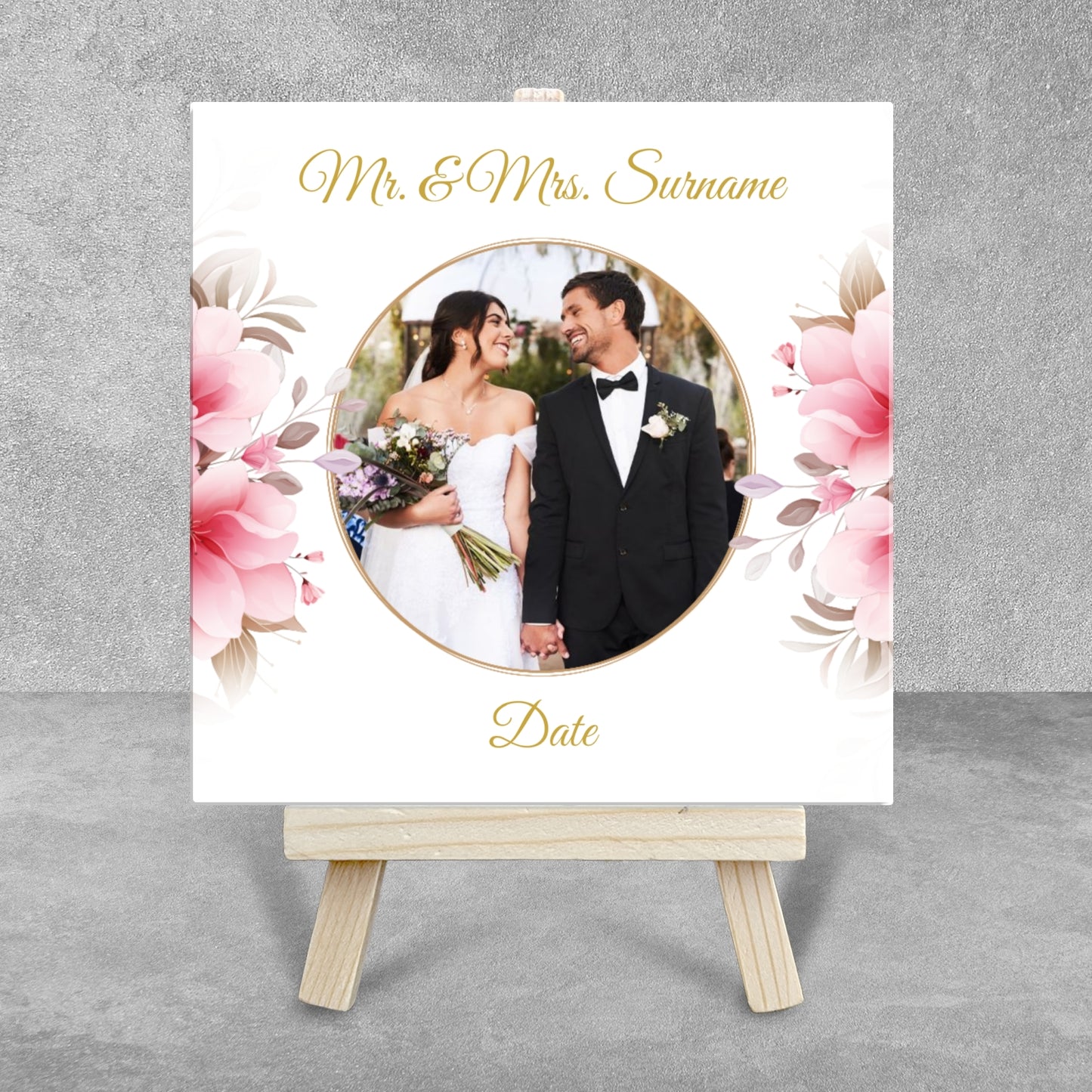 Pink Rose Floral Wedding Celebrations – Personalised Tile with Easel
