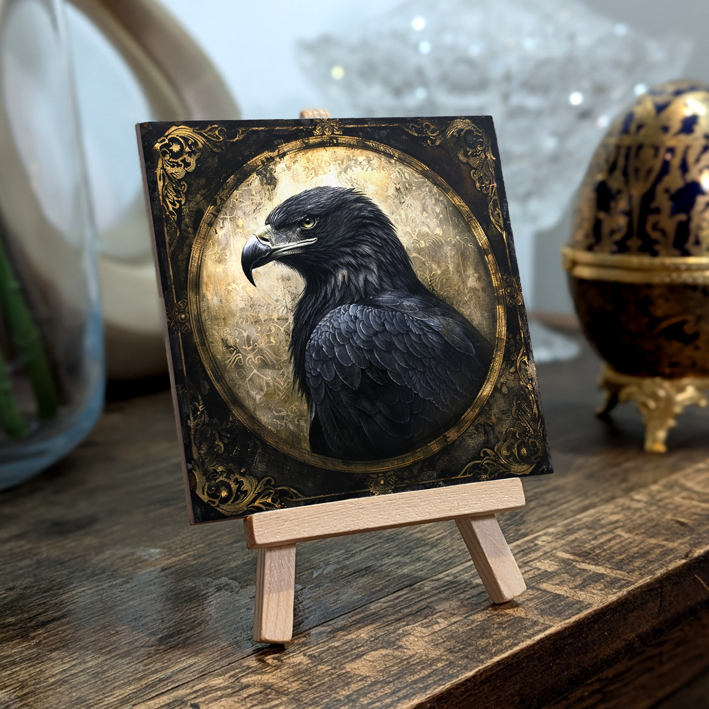 The Black Eagle Baroque Style Illustrated Art Tile With Easel