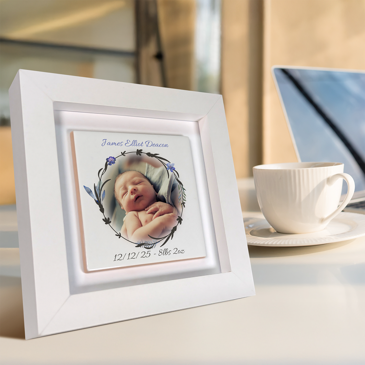 New Mum Gift Framed Tile Art -Add Name, Picture, Date & Weight Avaiable In Pink Or Blue