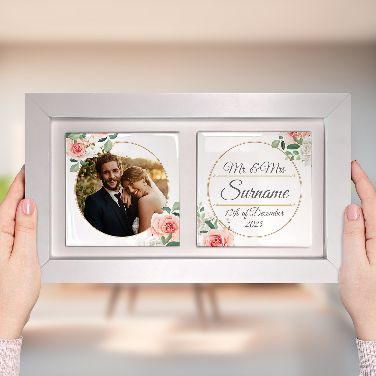 White & Peach Rose Floral Wedding Celebrations - Framed Ceramic Tiles Landscape