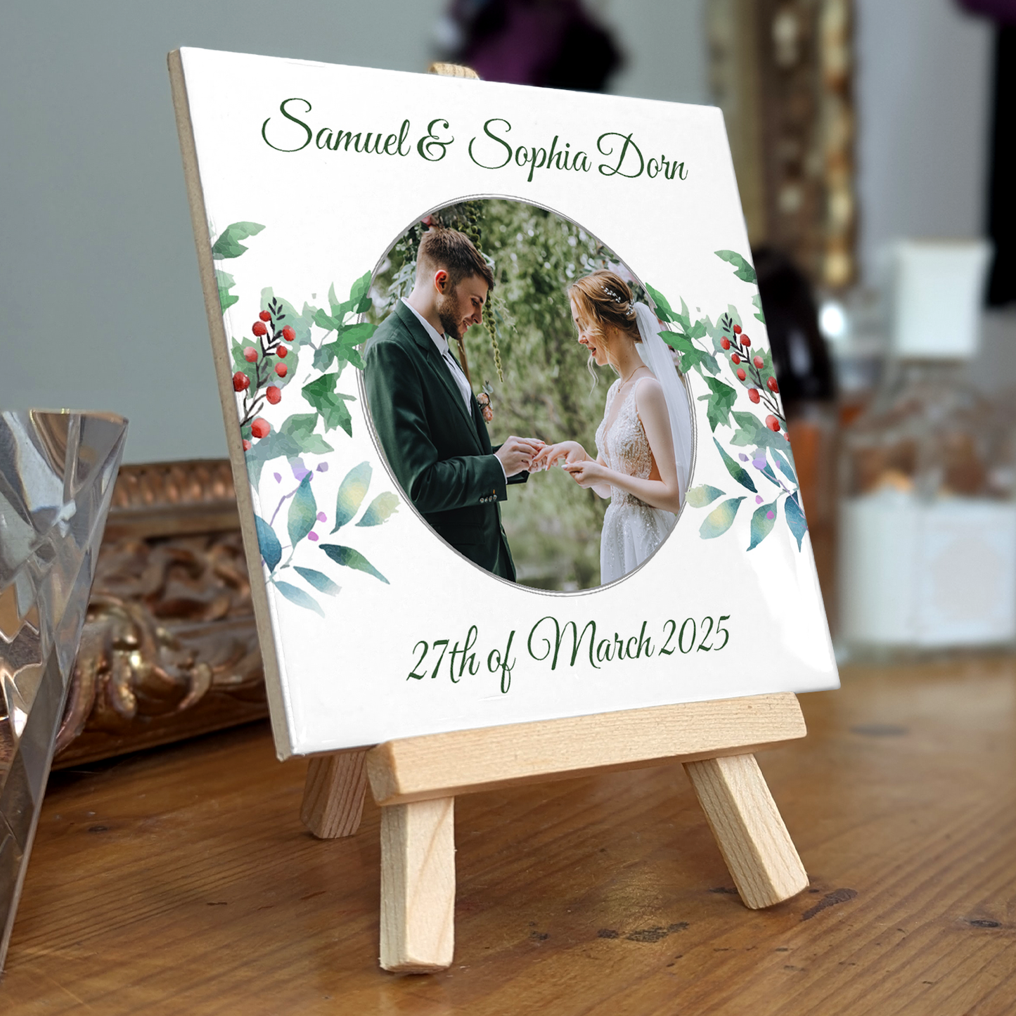 Woodland Floral Wedding Celebrations – Personalised Tile with Easel