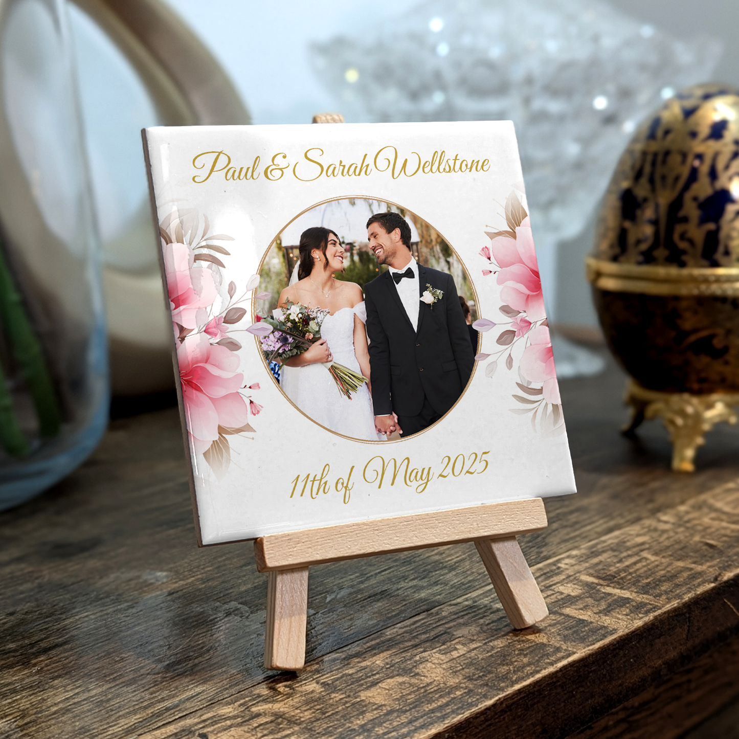 Purple Poppies Floral Wedding Celebrations – Personalised Tile with Easel