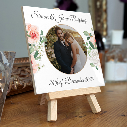 White & Peach Rose Floral Wedding Celebrations – Personalised Tile with Easel