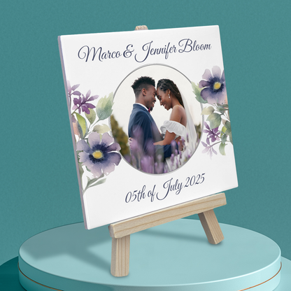 Purple Poppies  Floral Wedding Celebrations – Personalised Tile with Easel