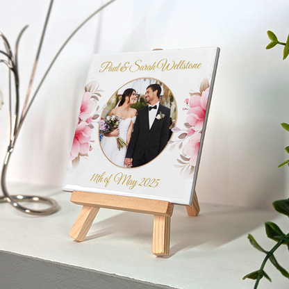 Pink Rose Floral Wedding Celebrations – Personalised Tile with Easel