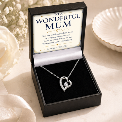 To A Wonderful Mum Personalised Necklace With Poem, Eternal Heart Pendant In Keepsake Box