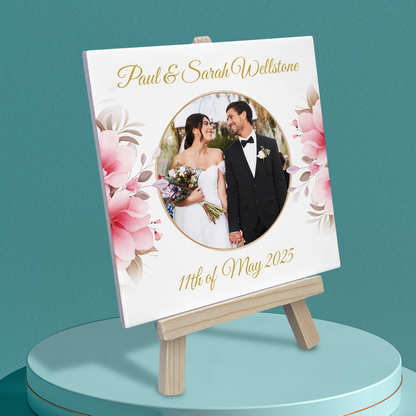 Pink Rose Floral Wedding Celebrations – Personalised Tile with Easel