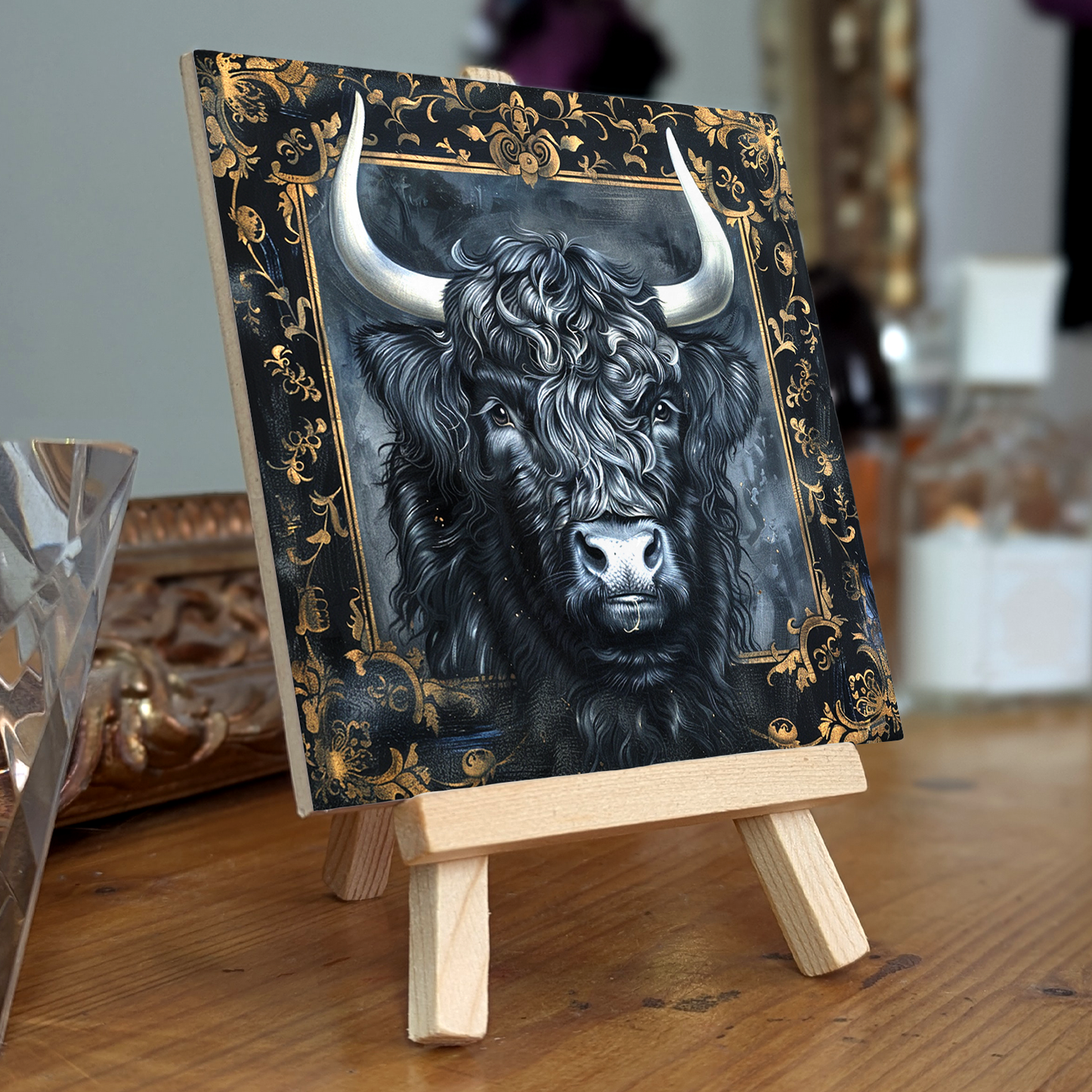 The Highland Cow Baroque Style Illustrated Art Tile With Easel