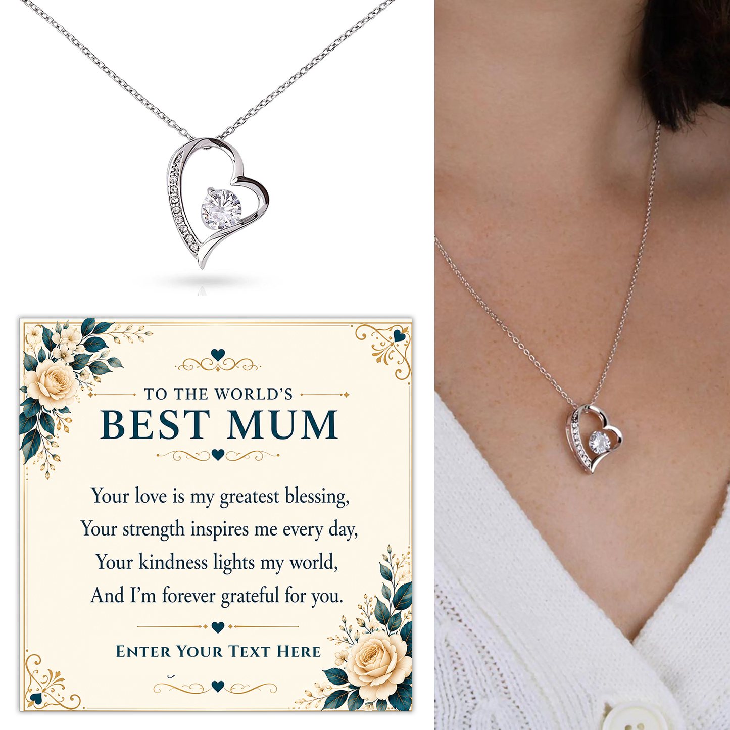 To The Worlds Mum Personalised Necklace With Poem, Eternal Heart Pendant In Keepsake Box