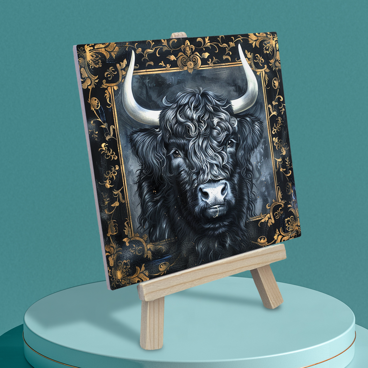 The Highland Cow Baroque Style Illustrated Art Tile With Easel