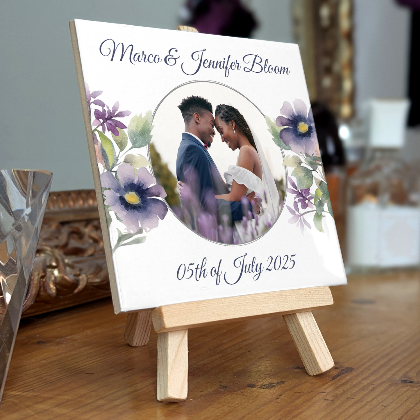 Purple Poppies  Floral Wedding Celebrations – Personalised Tile with Easel