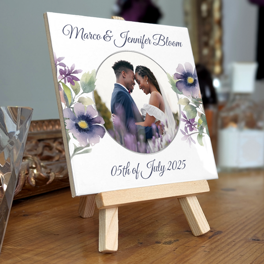 Purple Poppies  Floral Wedding Celebrations – Personalised Tile with Easel