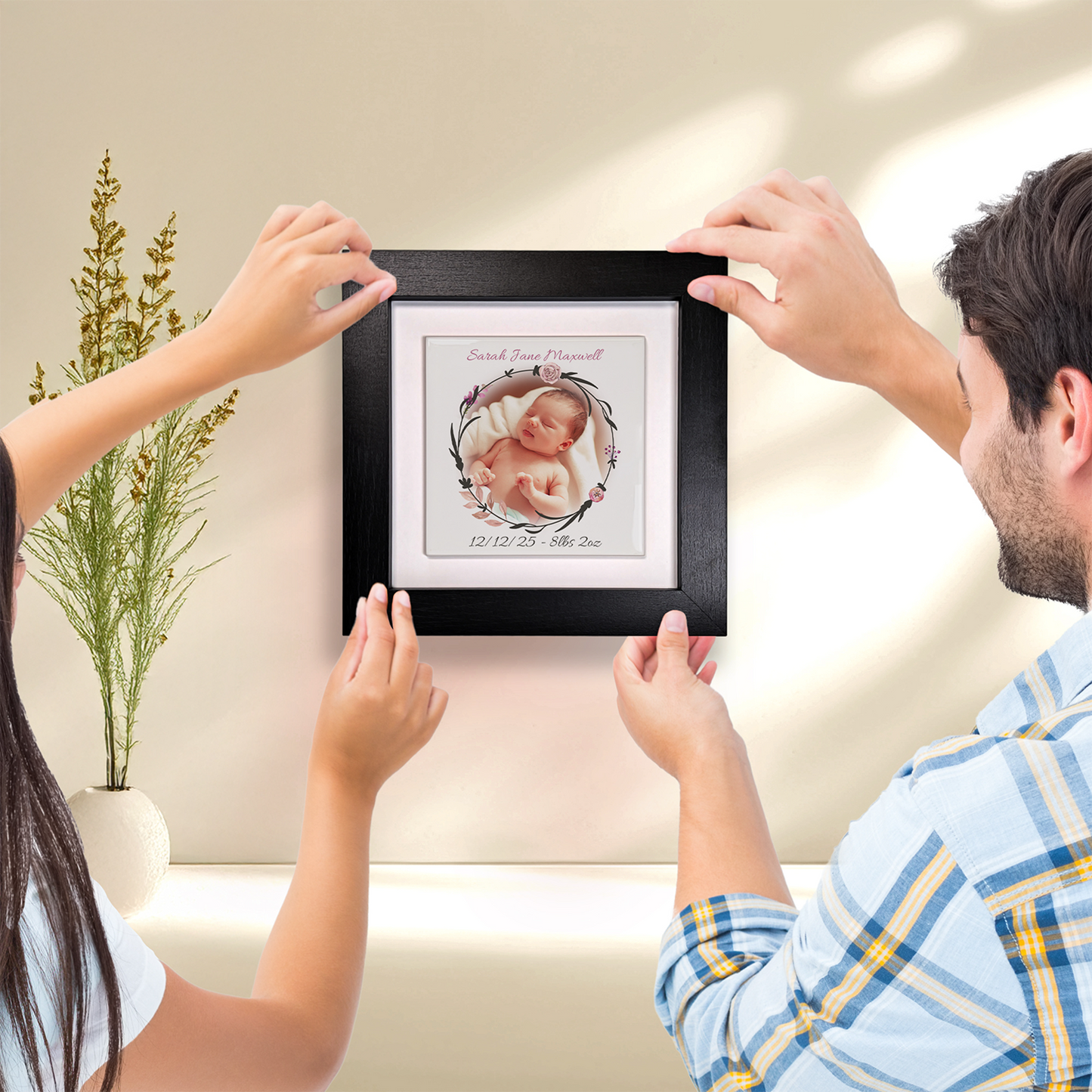 New Mum Gift Framed Tile Art -Add Name, Picture, Date & Weight Avaiable In Pink Or Blue