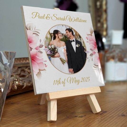 Pink Rose Floral Wedding Celebrations – Personalised Tile with Easel