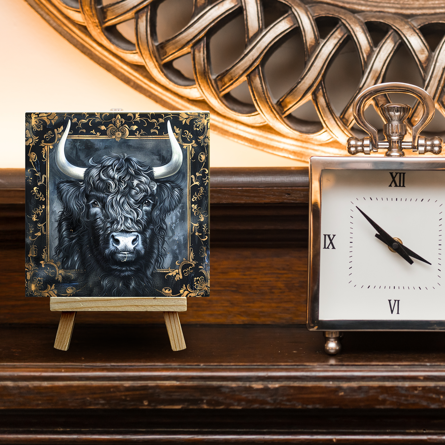 The Highland Cow Baroque Style Illustrated Art Tile With Easel