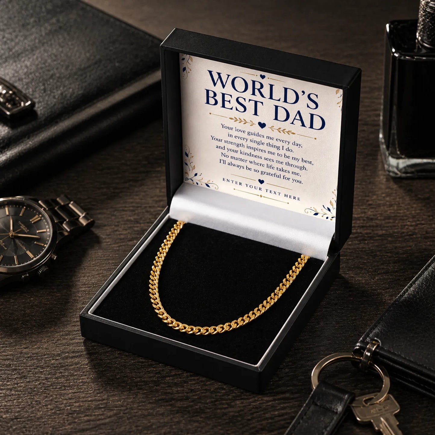 To The World's Best Dad 18k Gold Plated Cuban Chain Necklace With Personalised Keepsake Box Box