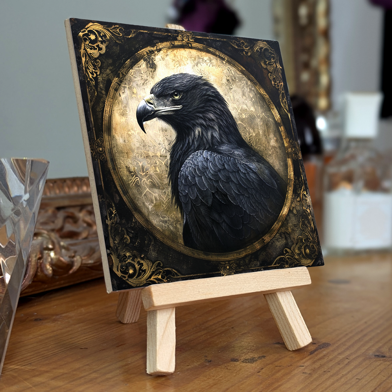 The Black Eagle Baroque Style Illustrated Art Tile With Easel