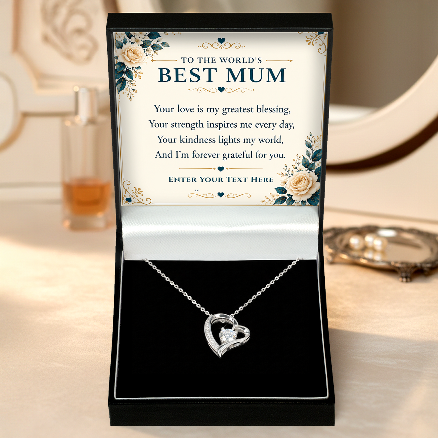 To The Worlds Mum Personalised Necklace With Poem, Eternal Heart Pendant In Keepsake Box