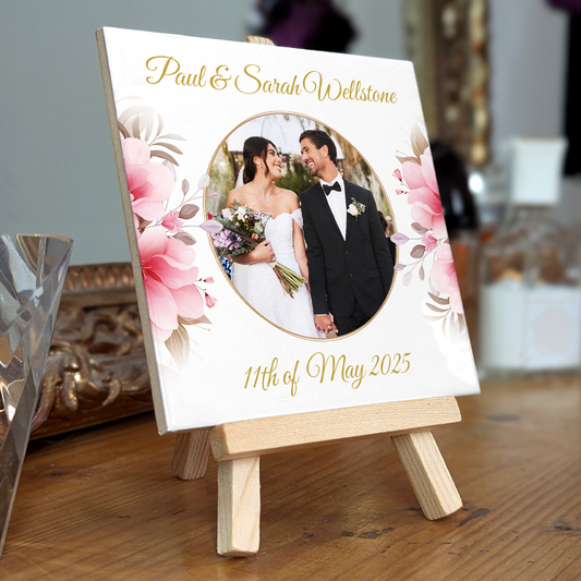 Pink Rose Floral Wedding Celebrations – Personalised Tile with Easel