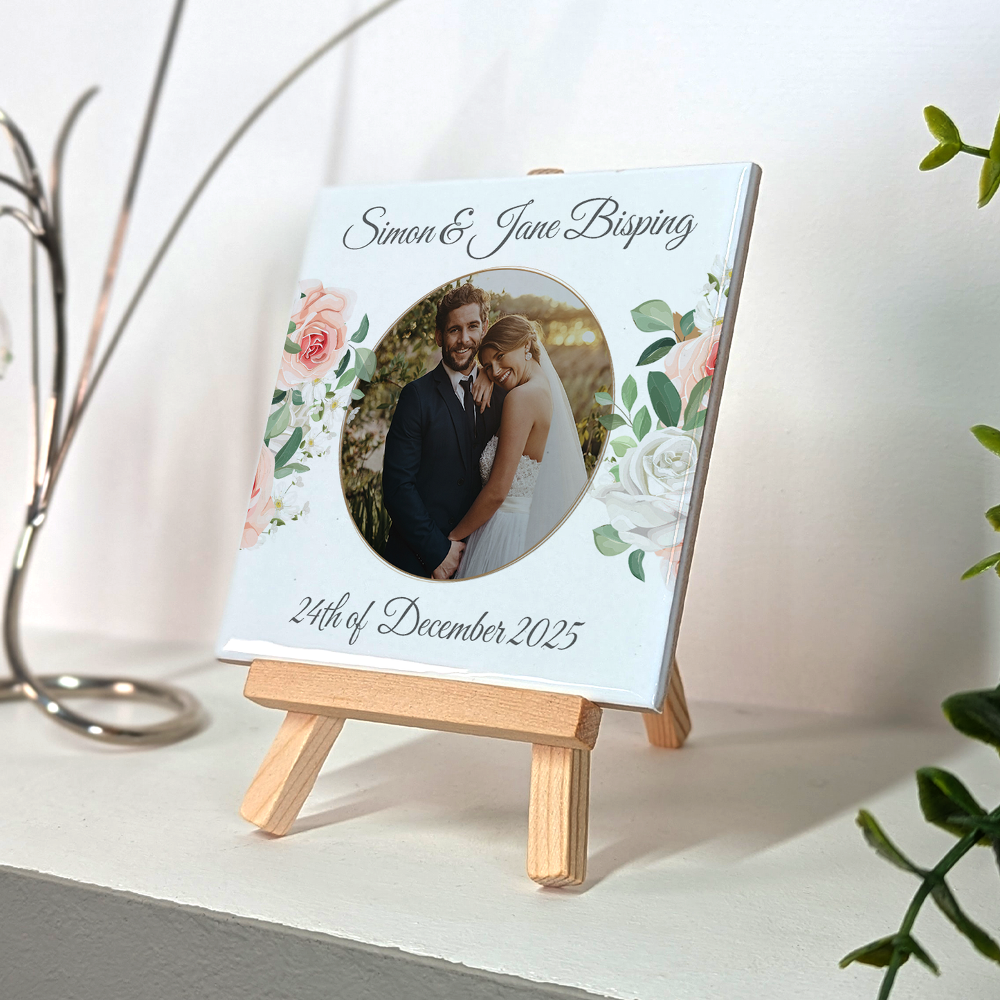 Purple Poppies  Floral Wedding Celebrations – Personalised Tile with Easel