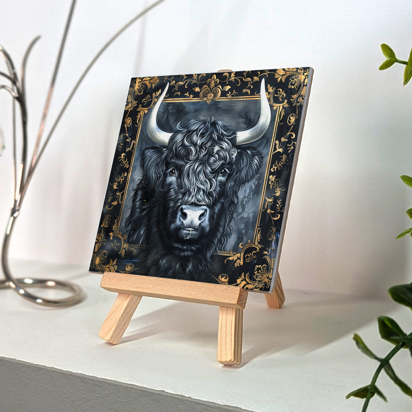 The Highland Cow Baroque Style Illustrated Art Tile With Easel